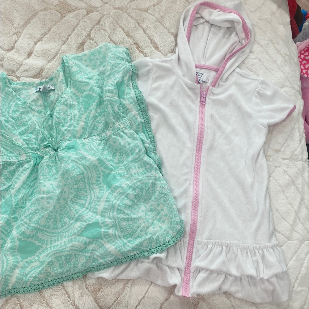 White Hooded Cover-Up with Pink Trim and Green Patterned Top